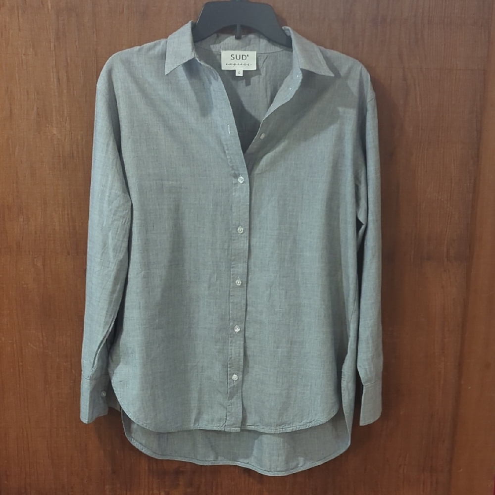 Sud Express Women's Gray Button Down Shirt, 100% Cotton